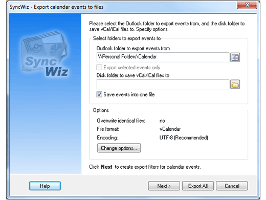 Export Microsoft Outlook Calendar to iCalendar format or ics file.